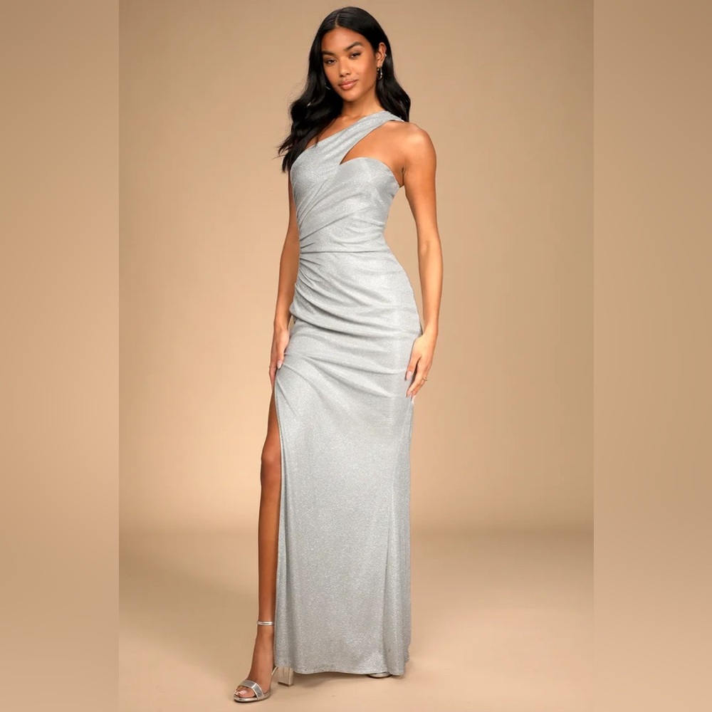 Magic at Midnight Shiny Silver One-Shoulder Maxi Dress